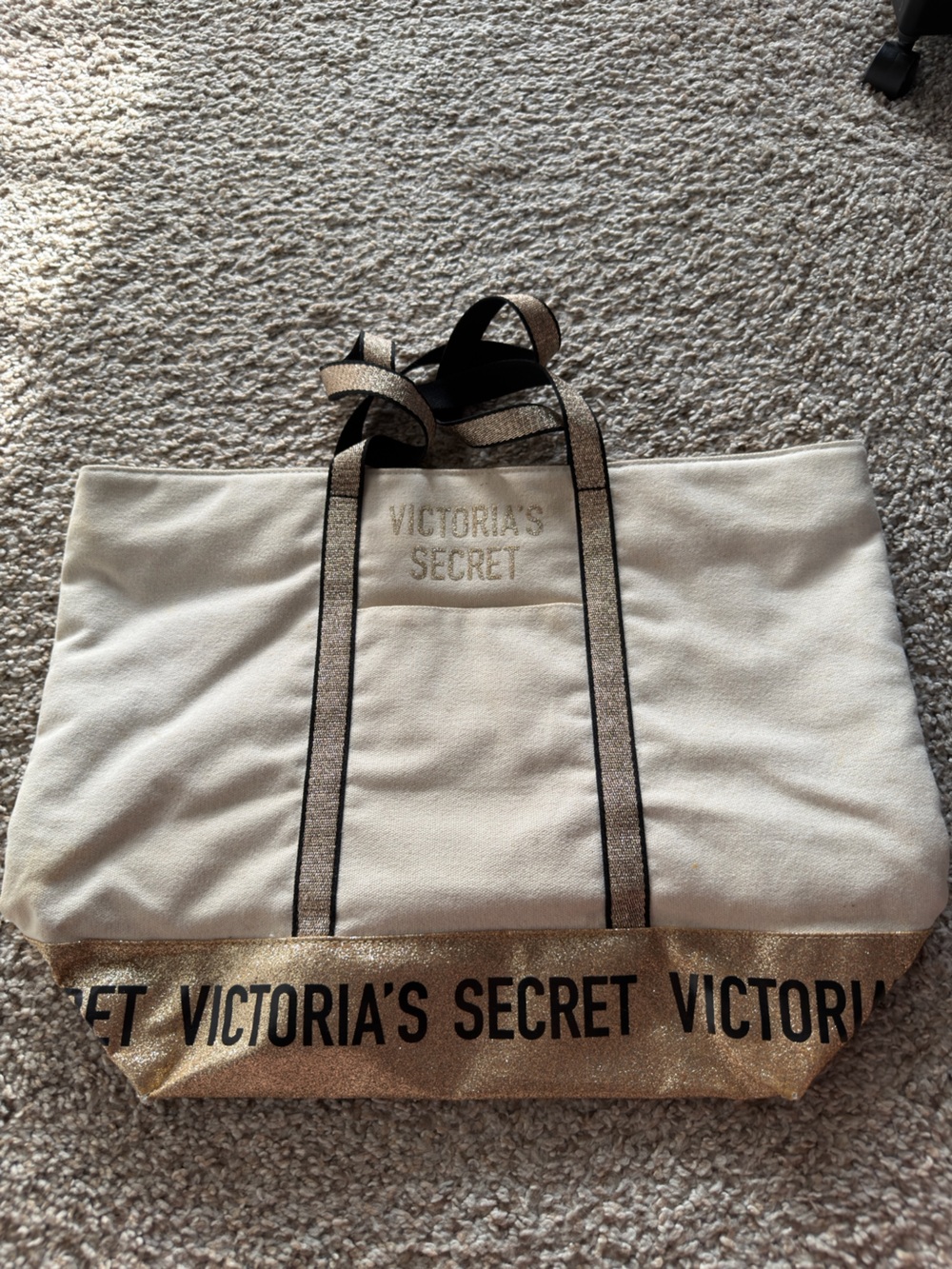 Victoria's Secret Cream Tote with Gold Glitter Base and Black Trim